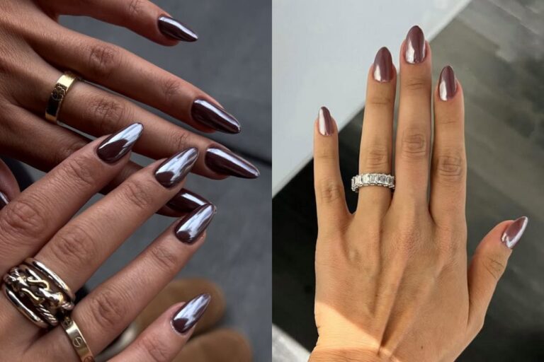Dark light brown chrome nails Hailey Bieber chocolate glazed donut nails manicure nail art design