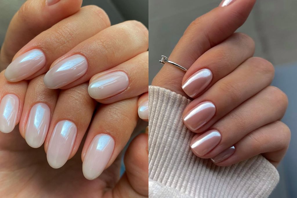 Hailey Bieber glazed donut nails strawberry pink nude chrome powder nail art designs beige white French tip manicure with design short