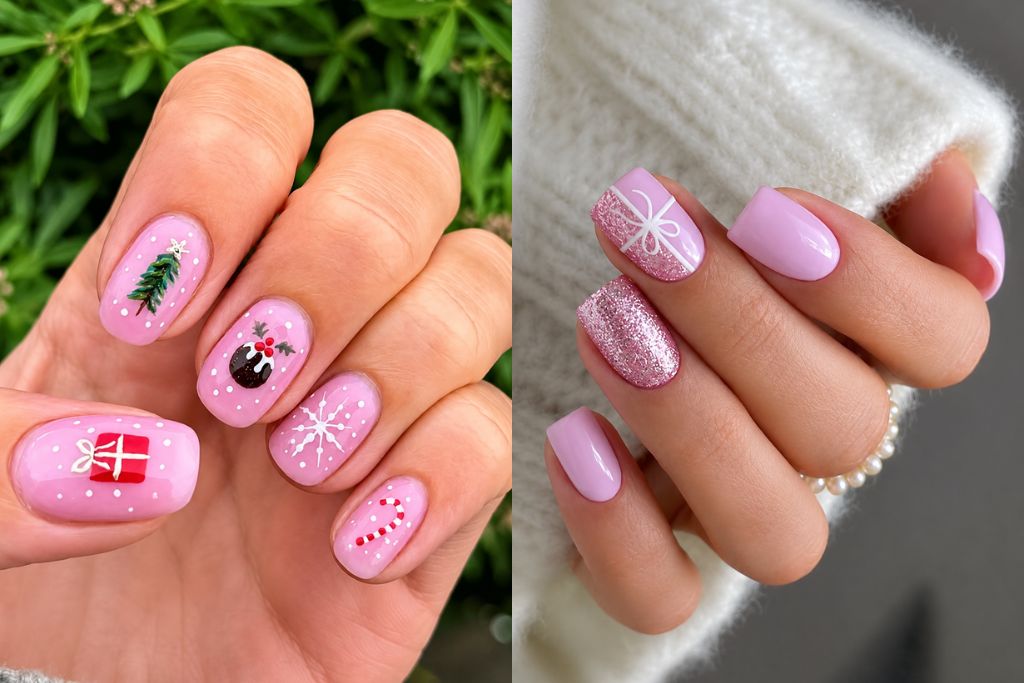 Cute pink Christmas nails simple light baby hot bright pink nail art designs with glitter design