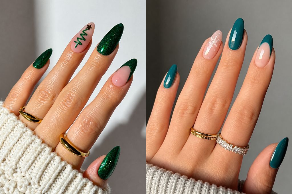 Dark green Christmas nails simple easy emerald forest green nail art designs with glitter design