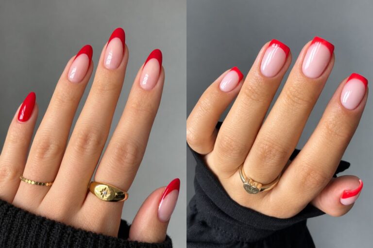 Red French tip nails cute square short almond shape dark wine cherry red French tips manicure nail art designs