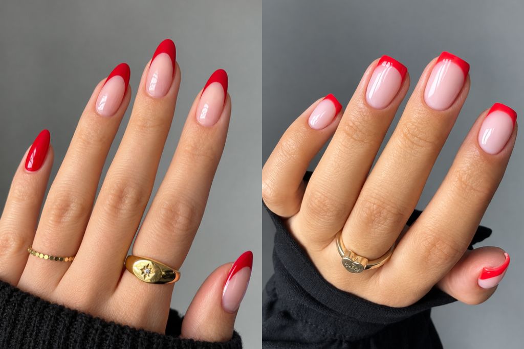 Red French tip nails cute square short almond shape dark wine cherry red French tips manicure nail art designs